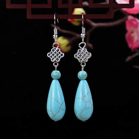 Vintage Ethnic Synthetic Turquoise Dangle Earrings Alloy Metal Hook Bohemian Tribal Jewelry For Women Elegant Handmade Style