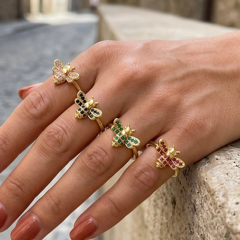 Luxuriöser Bienenform Offener Verstellbarer Ring Für Damen Kupfer 18 Karat Vergoldet Mikro Eingelegter Zirkonia Insekt Fingerring Mode Schmuck Geschenk