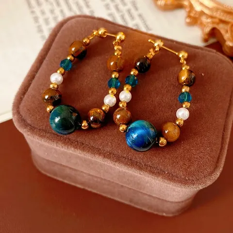 Künstliche Perlen Ohrhänger Mit Tigerauge Stein Kristall Künstliche Perle Und Silbernem Ohrstecker Retro Ethnischen Stil Damen Schmuck