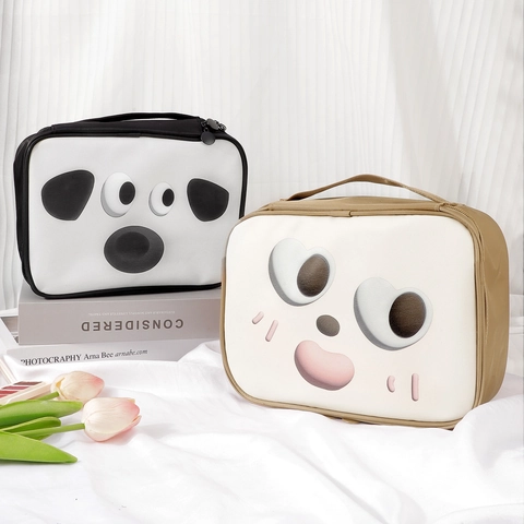 Borsa Trucco Carina Viso Cartone Animato Pelle PU Grande Capacità Beauty Case Viaggio Portatile Organizzatore Impermeabile Con Manico