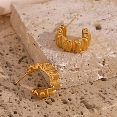 Pendientes de Aro de Acero Inoxidable en Forma de C para Mujer Chapados en Oro 18K Flor Arrugada Joyas de Moda Regalo