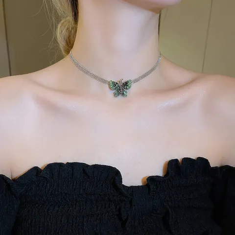 Collana Choker Con Pendente A Farfalla In Cristallo Verde Catena In Maglia Di Rame Gioielli Eleganti Per Donna