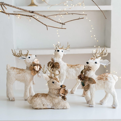 White Gold Christmas Reindeer Squirrel Figurines Tabletop Ornaments Glitter Foam Nordic Winter Holiday Decor