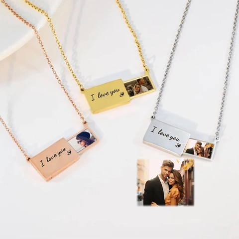 Sliding Locket Pendant Necklace Stainless Steel Heart Engraved Hidden Photo Frame Romantic Jewelry Gift Women Men