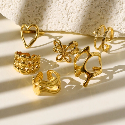 Anelli Regolabili In Acciaio Inossidabile Placcato Oro Vintage Cuore Cavo Farfalla Croce Ondulata Gioielli Minimalisti Per Donne