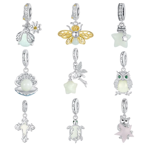 925 Sterling Silver Luminous Animal Charms Beads Glow In The Dark Bee Owl Star Moon For DIY Bracelet Jewelry Making
