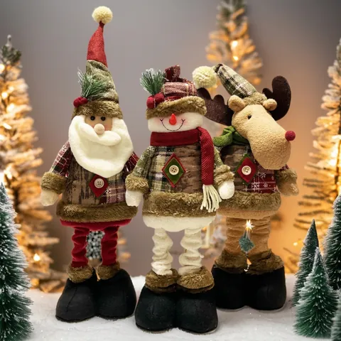 Weihnachts Plüschfiguren Ausziehbare Beine Weihnachtsmann Schneemann Rentier Karostoff Festliche Heimdekoration