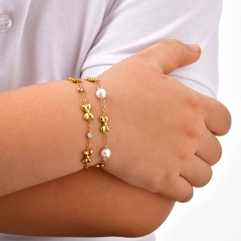 Stainless Steel Gold Plated Bracelet For Girls Artificial Pearl Rhinestone Bowknot Sweet Kids Fashion Bracelet Jewelry Gift