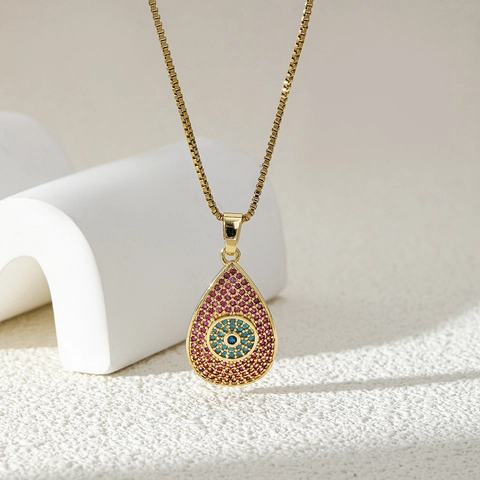 Collier Pendentif Goutte D'eau Mauvais Œil En Acier Inoxydable Zircon Rouge Micro Pavé Chaîne Vénitienne Bijoux Pour Femmes