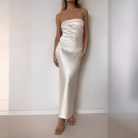 Strapless Satin Polyester Maxi Dress Backless Pleated Floral Print Elegant Party Vacation Women
