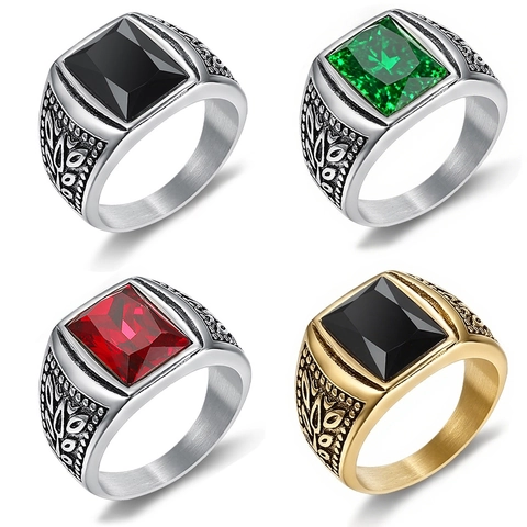 Herren Siegelring Edelstahl Mit Rechteckigem Edelstein Retro Vintage Floral Laub Graviert Punk Hip Hop Schmuck