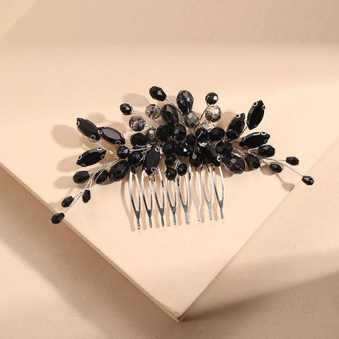 Pettine Per Capelli Da Sposa Fatto A Mano Con Cristallo Di Ossidiana Nera E Strass Design Foglia Filo Metallico Argento