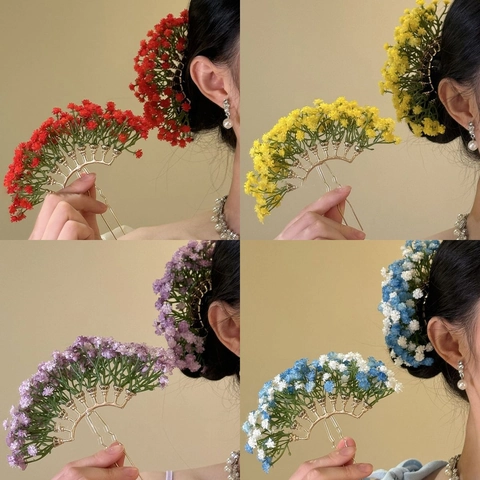 Bloem Haarspeld Gouden Legering Waaiervormig Gedroogde Gipskruid Gypsophila Cluster Elegant Vintage Bruids Haarspeld Voor Dames