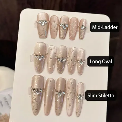 Uñas Postizas Hechas a Mano Efecto Ojo de Gato Champán Nude Marrón Brillante Incrustado Strass Perla Artificial Uñas