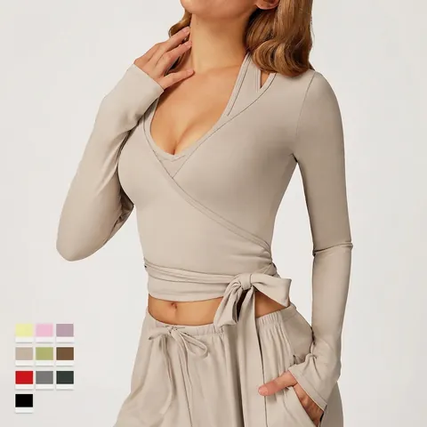 Wrap V-Neck Long Sleeve Top And Drawstring Wide Leg Pants Brushed Elastic Yoga Fitness Casual Loungewear Solid Women