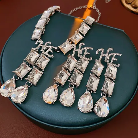 Collar Y Pendientes De Strass Cristal Aleación Lujo Estilo Corte Con Poste De Plata Para Mujeres