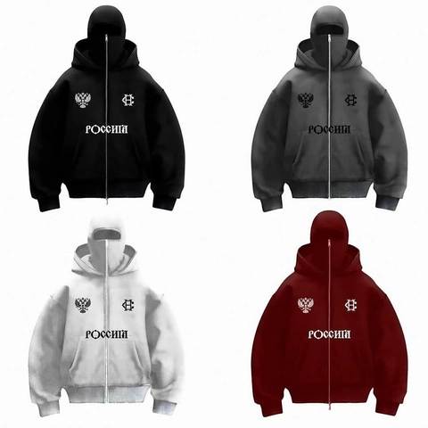 Men Streetwear Y2K Balaclava Full Zip Hoodie Embroidered Polyester Hooded Sweatshirt Oversized Double Hood Face Mask Top
