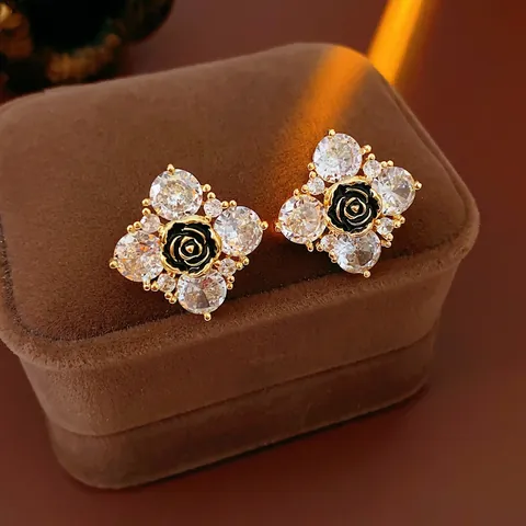 Pendientes De Botón Romboidales Con Rosa Negra Y Circón Cobre Chapado En Oro Para Mujer Joyería Con Silver Earring Post