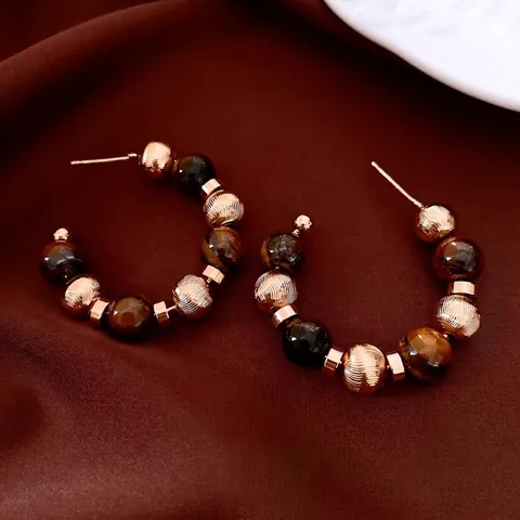 Vintage Tiger Eye Beaded Hoop Earrings With 925 Sterling Silver Earring Post Elegant C Shaped Retro Jewelry For Women