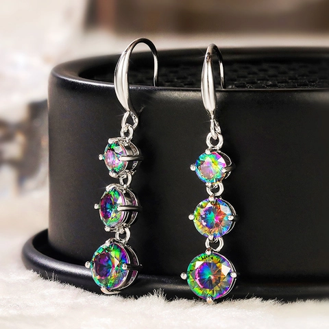 Rainbow Mystic Topaz Zircon Dangle Earrings Copper Geometric Long Drop Hook Elegant Trendy Women Jewelry