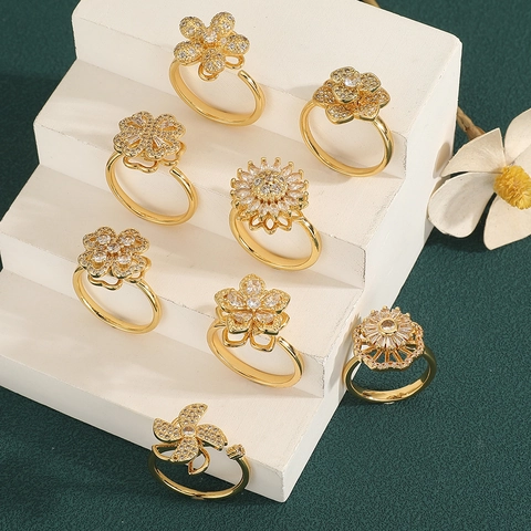 Luxury Rotating Sunflower Windmill Flower Open Ring For Women Copper Rhinestone Inlaid Gold Adjustable Fashion Commuter Jewelry Gift
