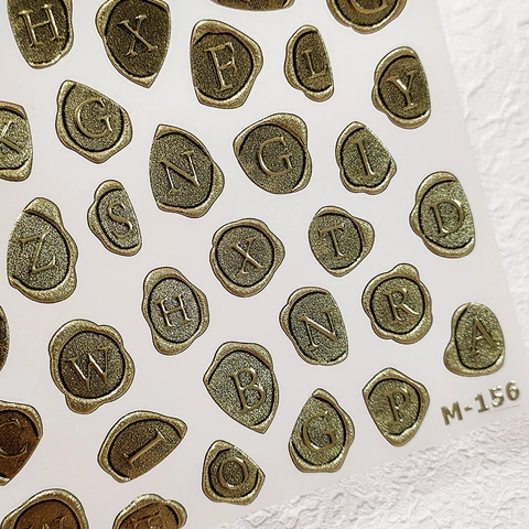 Embossed Nail Art Stickers Golden Retro Wax Seal Style English Alphabet Letters Design Manicure Decals For DIY Decor