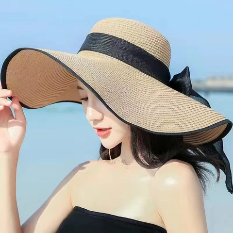 Women Wide Brim Paper Straw Hat Foldable Sun Protection Beach Hat With Black Bowknot Ribbon Summer Vacation Headwear