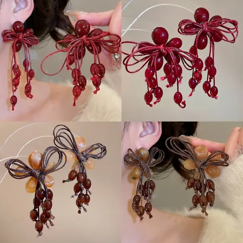 Handmade Braided Bow Tassel Stud Earrings With 925 Sterling Silver Earring Post Vintage Ethnic Resin Bead Jewelry For Women