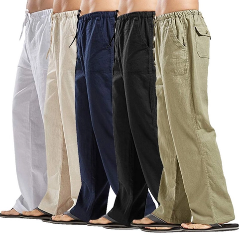 Pantalones Casuales de Lino y Poliéster para Hombre Ajuste Holgado Cintura con Cordón Color Sólido Estilo Cargo Pantalones de Playa de Verano