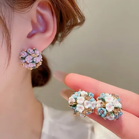 Keramik Harz Blume Cluster Stecker Ohrringe Mit Silber Ohrring Pfosten Strass Floral Süß Mode Schmuck Für Damen