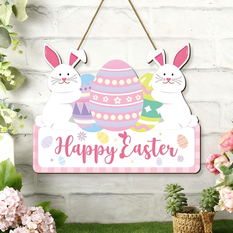 Ostern Holz Hängeschild Doppel Kaninchen Umarmung Bunte Eier Frohe Ostern Festival Tür Wand Deko Party Ornament