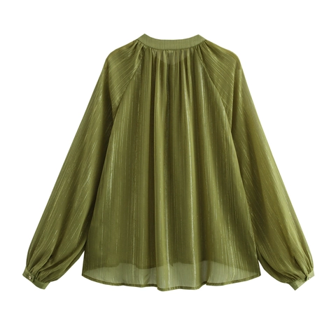 Dames Blouse Lange Mouwen Gouden Metalen Strepen Chiffon Opstaande Kraag Geplooid Kantoor Casual Elegant Pullover Top