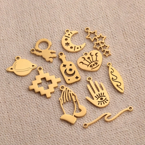 Edelstahl Anhänger Charms Für DIY Schmuckherstellung Himmelskörper Mond Stern Planet Hamsa Hand Kreuz Spiegelpoliert