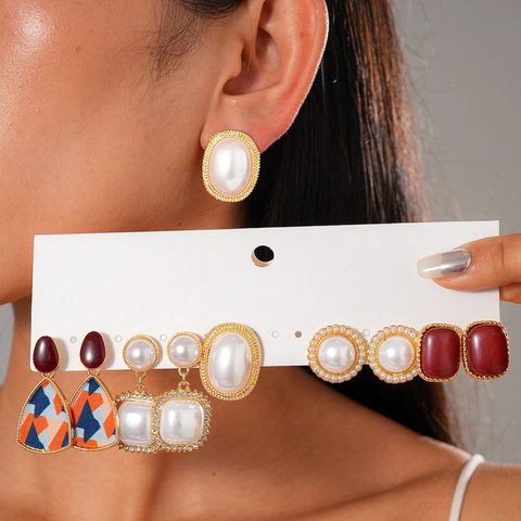 Pendientes Geométricos Retro Aleación Imitación Perla Artificial Resina Con Poste De Plata Joyería Vintage Elegante Para Mujeres
