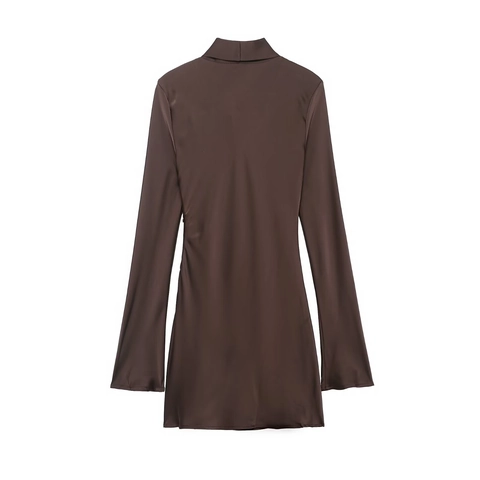 Satin Mini Kleid Langarm Schluppenkragen Mesh Patchwork Bodycon Slim Fit Elegant Kaffeebraun Damen