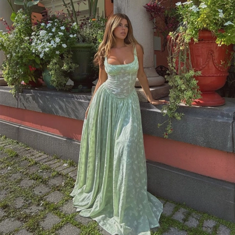 Vestito Lungo Sexy Con Spalline Sottili Spacco Alto Schiena Scoperta Stile Corsetto Chiffon Fil-Coupe Pizzo Estate Donne