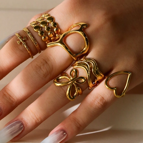 Anelli Regolabili In Acciaio Inossidabile Placcato Oro Vintage Cuore Cavo Farfalla Croce Ondulata Gioielli Minimalisti Per Donne