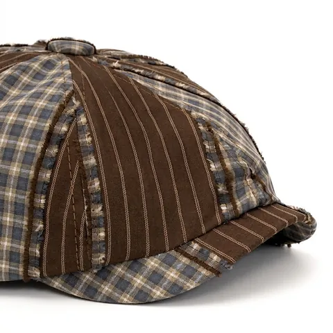 Berretto Newsboy Vintage Patchwork Quadri Righe Cotone Basco Regolabile Stile Britannico Parasole Unisex