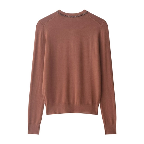 Women Knitted Cardigan Beaded Neckline Button Up Long Sleeve Polyester Knitwear Elegant Sweater Top Caramel