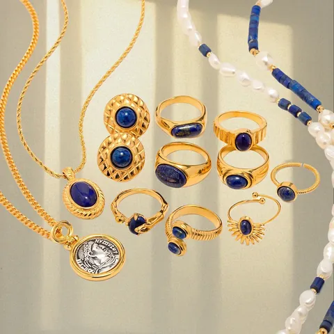Vintage Stainless Steel Lapis Lazuli Jewelry For Women Gold Plated Retro Sun Snake Pattern Open Ring Necklace Accessory