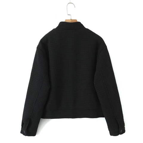 Women Casual Stand Collar Padded Jacket Black Solid Single Breasted Waffle Texture Long Sleeve Streetwear Coat Outwear