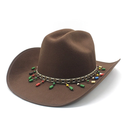 Ethnic Western Cowboy Hat Wide Brim Wool Felt Fedora Colorful Bead Tassels Vintage Metal Coin Charms For Women Men