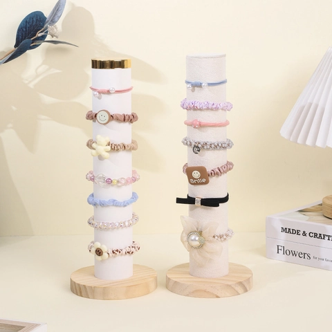 Hair Scrunchie Display Stand Solid Wood Base Velvet Bracelet Holder Cylindrical Jewelry Storage Vertical Rack Metal Cap