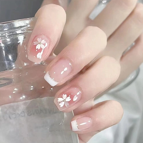 Pink Gradient Press On Nails White Cherry Blossom French Style Short Square Round Fake Nails With Glue Sweet Manicure