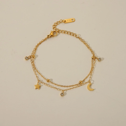Women Double Layer Stainless Steel Bracelet 18K Gold Plated Star Moon Heart Clover Pendant Rhinestone Fashion Jewelry