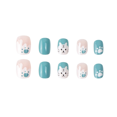 Unghie Finte A Pressione Tigre Cartone Animato Impronte Di Gatto Lucido Blu Rosa Unghie Artificiali Corte DIY Manicure