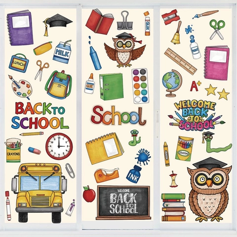 Back To School Wall Window Stickers PVC Cartoon Owl School Bus Stationery Classroom Decoration For Kids Student