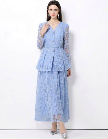 Completo Elegante Da Donna Con Ricamo In Pizzo Floreale Top Peplum Con Scollo A V E Gonna Lunga Maxi Per Festa Blu Chiaro