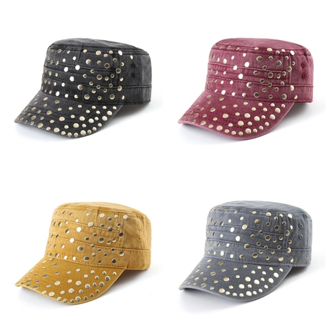 Cadet Pet Gewassen Katoen Platte Militaire Hoed Met Metalen Klinknagels Verstelbaar Ademend Retro Punk Stijl Voor Heren Dames
