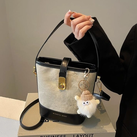 Borsa A Secchiello Retrò Donna Pelle PU Tela Patchwork Borsa A Spalla Tracolla Chiusura In Metallo Dorato Elegante Versatile
